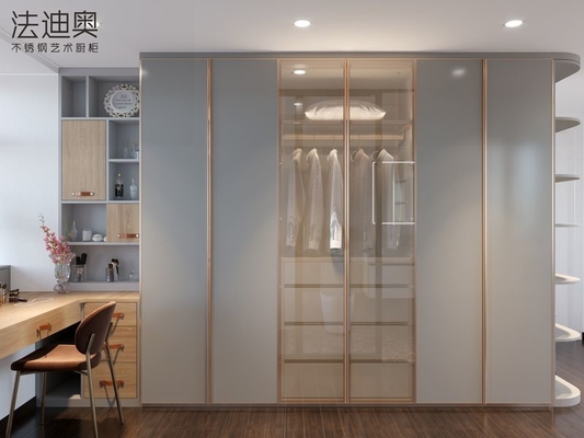 Custom Size Gray Blue Modern Bedroom Wardrobe Furniture With Golden Accents