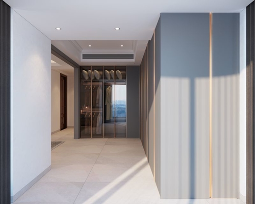 Modern Meridian Gray L Shaped Bedroom Wardrobe With Customized Storage Zones