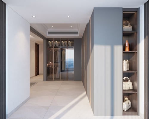 Modern Meridian Gray L Shaped Bedroom Wardrobe With Customized Storage Zones