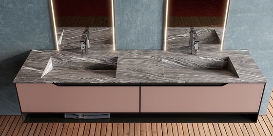 Luxury Fadior Custom Bathroom Vanity Cabinet In Vermilion And Black Quartz Counter Top