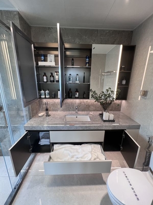 Customization Bathroom Vanity Cabinet With Soft Beige Color And Gray Marble Countertop