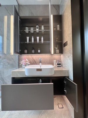 Elegant Modern Minimalist Sleek Chic Refined Stainless Steel Bathroom Vanity With Light Marble Countertop