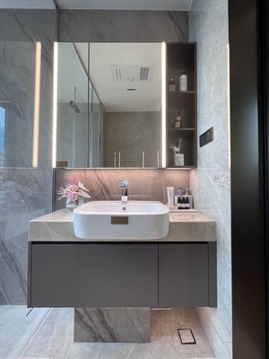 Elegant Modern Minimalist Sleek Chic Refined Stainless Steel Bathroom Vanity With Light Marble Countertop