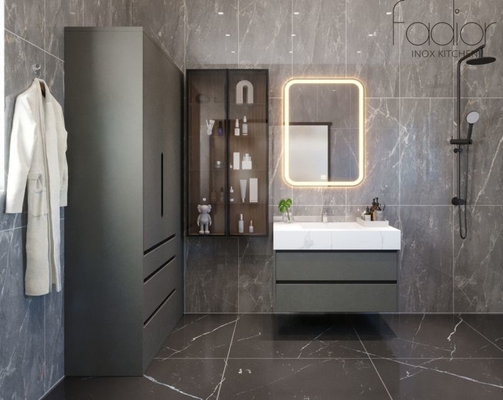 Contemporary Gray Finish Stainless Steel Bathroom Vanity Cabinet With Multiple Storage Solution