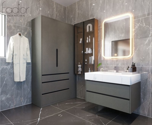 Contemporary Gray Finish Stainless Steel Bathroom Vanity Cabinet With Multiple Storage Solution