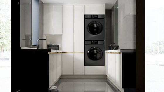 Modern Clean U-Shaped Custom Made Laundry Cabinets With White Paneling And Gold Accents
