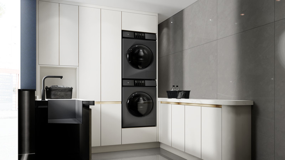 Modern Clean U-Shaped Custom Made Laundry Cabinets With White Paneling And Gold Accents
