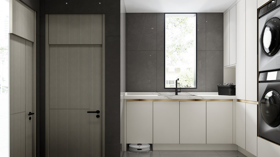 Modern Clean U-Shaped Custom Made Laundry Cabinets With White Paneling And Gold Accents