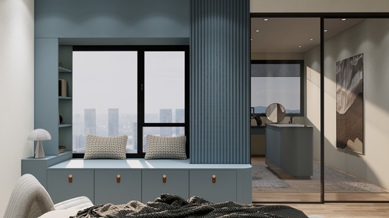Blue Grey Custom Walk In Closet With Multi Drawer Island And Black Mirrored Vanity