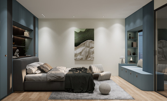 Blue Grey Custom Walk In Closet With Multi Drawer Island And Black Mirrored Vanity