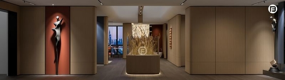 Wood Grain Metal Decorative Wall Panel With Bold Orange Accent And Artistic Black Sculpture
