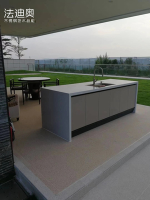 Khaki-Gray Color Metal Outdoor Kitchen Cabinets With Extending Quartz Countertop