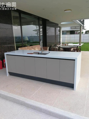 Khaki-Gray Color Metal Outdoor Kitchen Cabinets With Extending Quartz Countertop