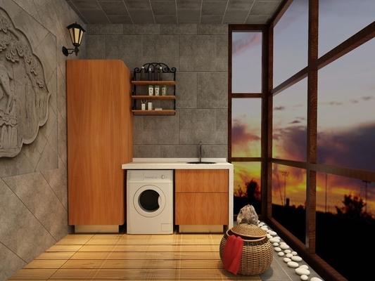 Fadior Warm Wood Grain Metal Laundry Cabinet With Black Round Sink