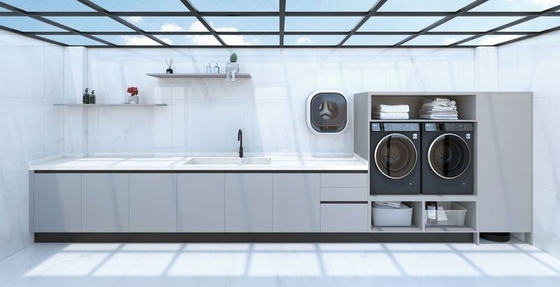 Fadior Elegant Metal Laundry Room Cabinet System With Long White Quartz Countertop