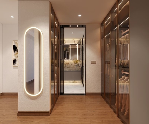 Steel Elegance Modern Gray Walk-In Closet With Gold Accents