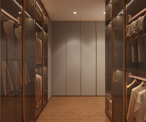 Steel Elegance Modern Gray Walk-In Closet With Gold Accents