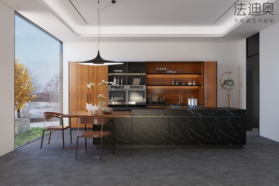Elegant Double Line Stainless Steel Kitchen Cabinets With Black Sintered Stone Island