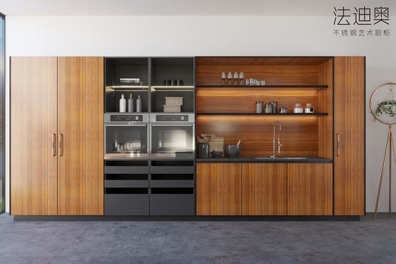 Elegant Double Line Stainless Steel Kitchen Cabinets With Black Sintered Stone Island