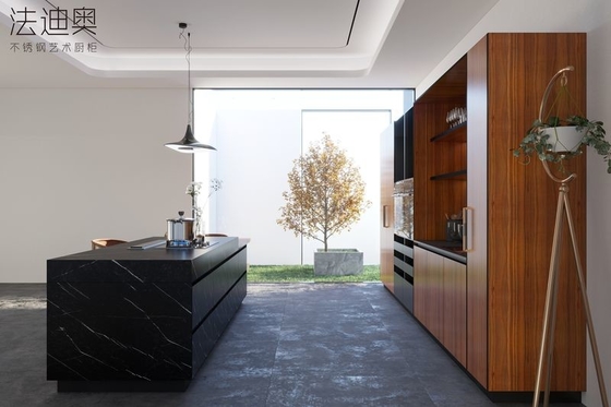 Elegant Double Line Stainless Steel Kitchen Cabinets With Black Sintered Stone Island