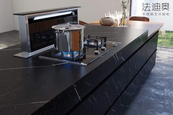 Elegant Double Line Stainless Steel Kitchen Cabinets With Black Sintered Stone Island