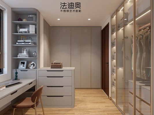 Modern And Functional Grey Walk-In Closet With Multiple Storage Solution
