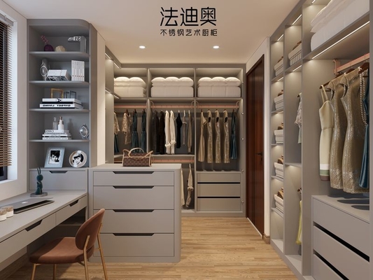Modern And Functional Grey Walk-In Closet With Multiple Storage Solution