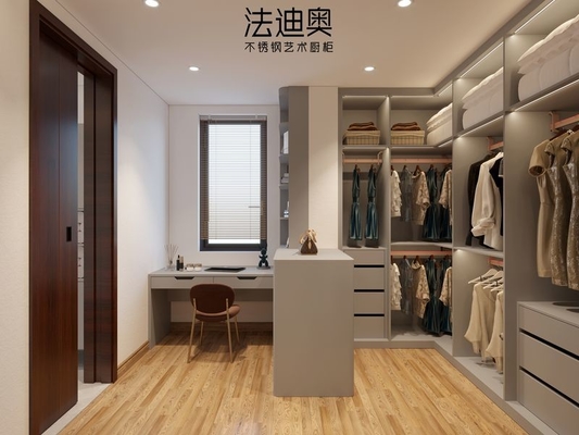 Modern And Functional Grey Walk-In Closet With Multiple Storage Solution