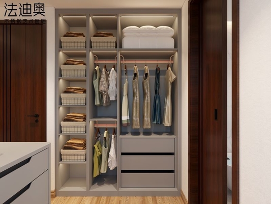 Modern And Functional Grey Walk-In Closet With Multiple Storage Solution
