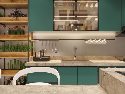 Fadior Lotus Green Elegance: Full Stainless Steel Kitchen Cabinets For Modern Homes
