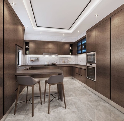 Modern U-Shaped Stainless Steel Kitchen Cabinets With Sleek Stone Grain Design