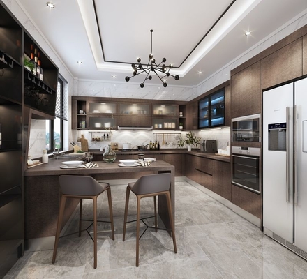 Modern U-Shaped Stainless Steel Kitchen Cabinets With Sleek Stone Grain Design