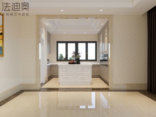 Luxury Stainless Steel U-Shaped Kitchen With Island And Molded Panels