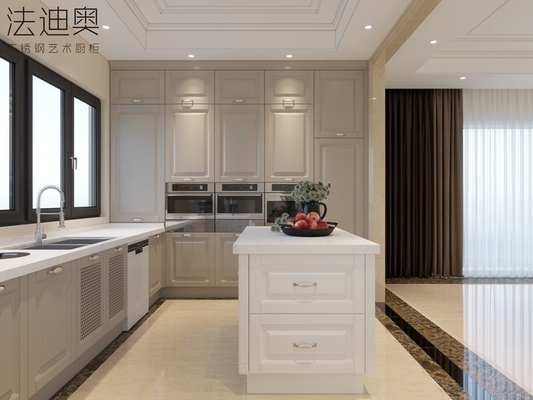 Luxury Stainless Steel U-Shaped Kitchen With Island And Molded Panels