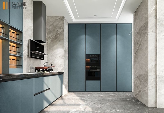 Blue Finish Modern Stainless Steel Kitchen Cabinets With Open Display Shelves