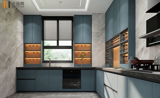 Blue Finish Modern Stainless Steel Kitchen Cabinets With Open Display Shelves