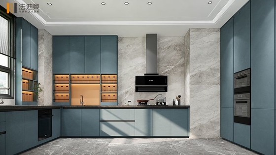 Blue Finish Modern Stainless Steel Kitchen Cabinets With Open Display Shelves