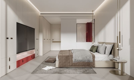 Beige And Red Accents Stainless Steel Full-Height Bedroom Wardrobe Cabinet