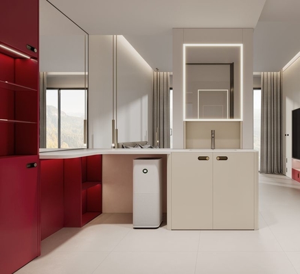 Beige And Red Accents Stainless Steel Full-Height Bedroom Wardrobe Cabinet