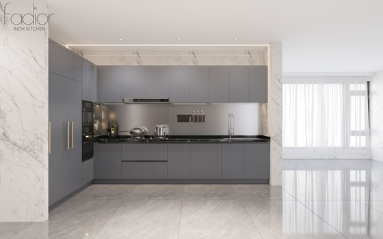 Modern U-Shaped Grey Stainless Steel Kitchen Cabinet With Marble Finish