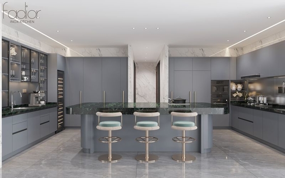 Modern U-Shaped Grey Stainless Steel Kitchen Cabinet With Marble Finish