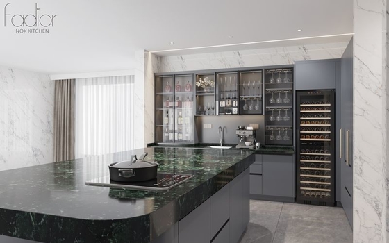 Modern U-Shaped Grey Stainless Steel Kitchen Cabinet With Marble Finish
