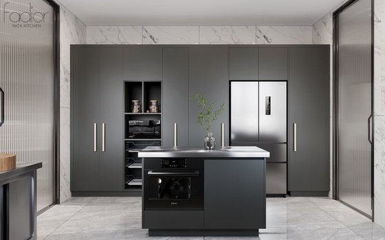 Modern Stainless Steel Double-Line Kitchen Cabinet With Integrated Appliances And Multiple Storage Solution
