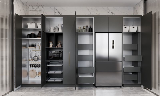 Modern Stainless Steel Double-Line Kitchen Cabinet With Integrated Appliances And Multiple Storage Solution