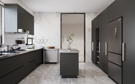 Modern Stainless Steel Double-Line Kitchen Cabinet With Integrated Appliances And Multiple Storage Solution
