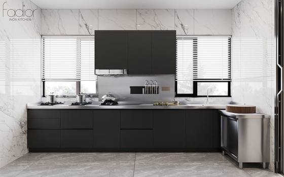 Modern Stainless Steel Double-Line Kitchen Cabinet With Integrated Appliances And Multiple Storage Solution