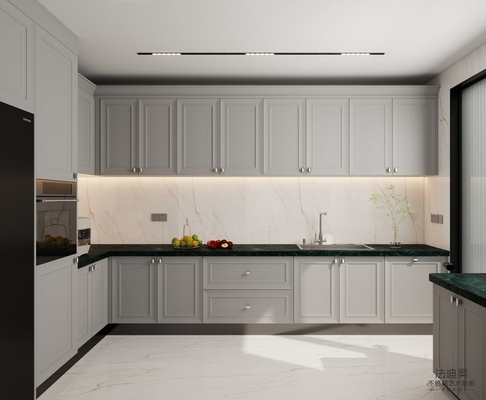 Timeless Stainless Steel Kitchen Cabinet With Dark Green Quartz Countertop And Raised Panel Doors