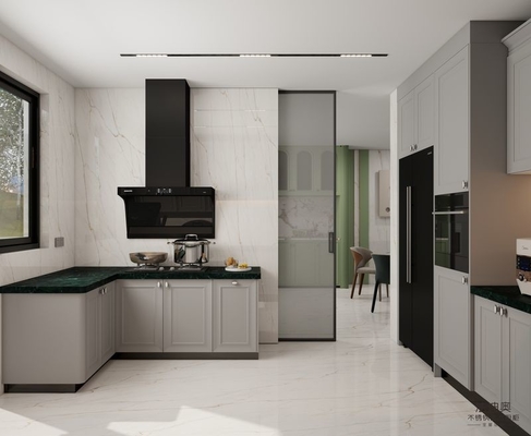 Timeless Stainless Steel Kitchen Cabinet With Dark Green Quartz Countertop And Raised Panel Doors