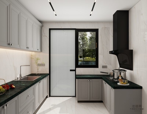 Timeless Stainless Steel Kitchen Cabinet With Dark Green Quartz Countertop And Raised Panel Doors