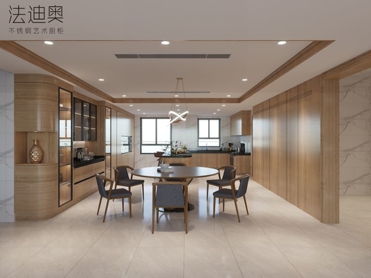 Modern Stainless Steel Kitchen Cabinet With Wood Grain Finish And Curved Island